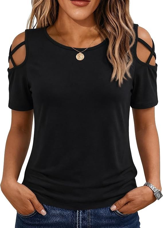 Black Cold Shoulder Short Sleeve Top image 5